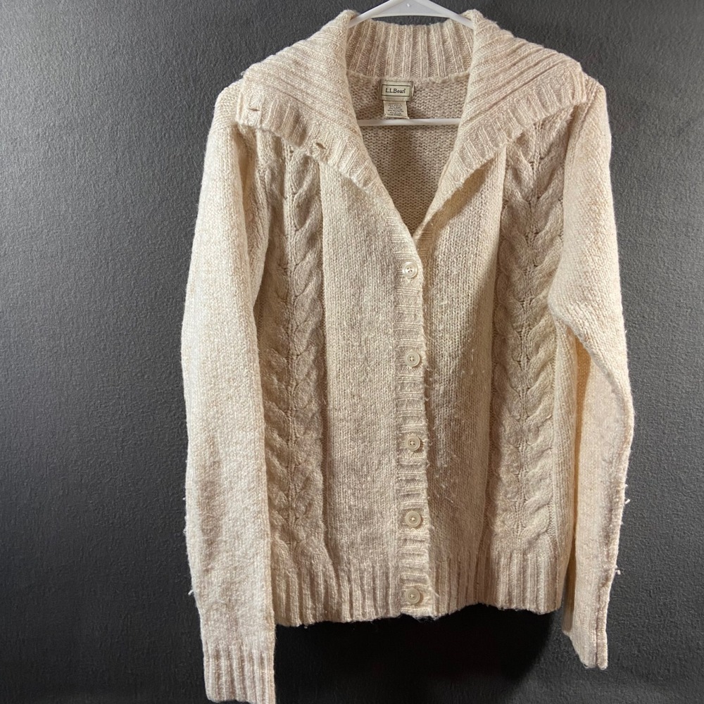 VTG LL Bean Wool Cardigan M Ivory Cable Knit fisherman cream heritage Chunky